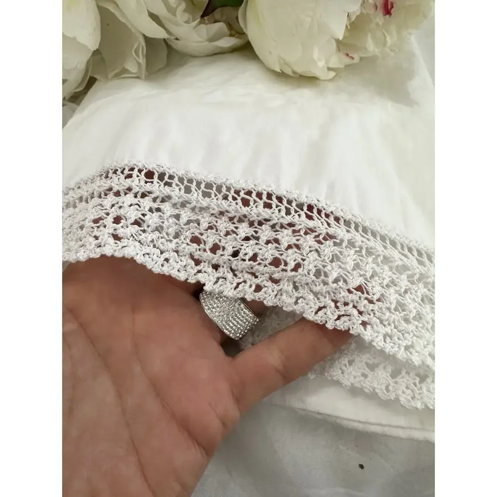 2 VTG 70’s QUEEN Pillowcases 100% Cotton CROCHETED LACE White SHABBY CHIC USA